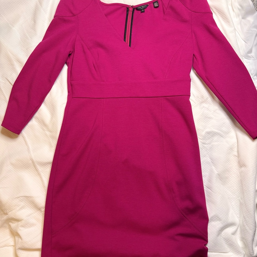 TED BAKER Saco Pink Magenta V-Neck Sheath Dress‎ 3/4 Sleeves